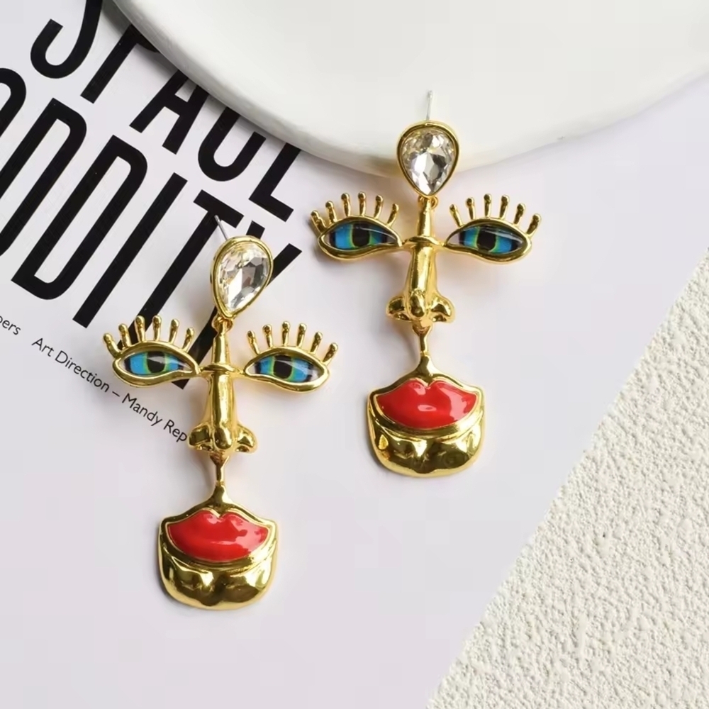 Statement Gold Face Motif Drop Earrings with Blue and Red Enamel - Picture 4 of 4